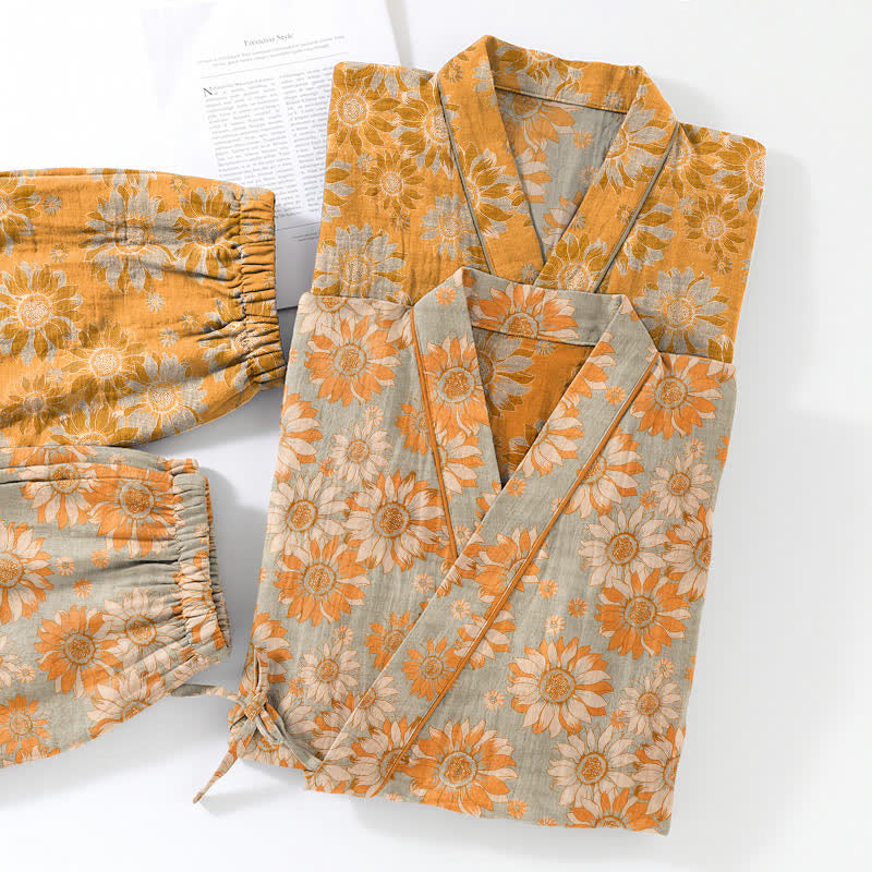 Retro-Sonnenblumen-Baumwollkimono-Pyjama-Set - image 11