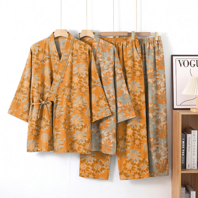 Retro-Sonnenblumen-Baumwollkimono-Pyjama-Set - image 0