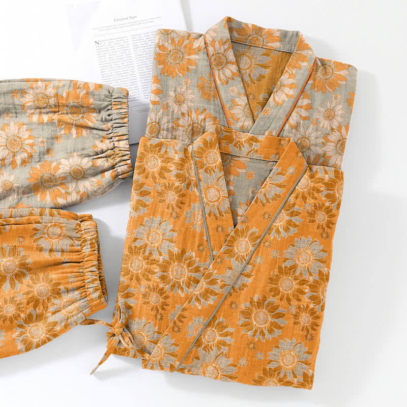 Retro-Sonnenblumen-Baumwollkimono-Pyjama-Set - image 5