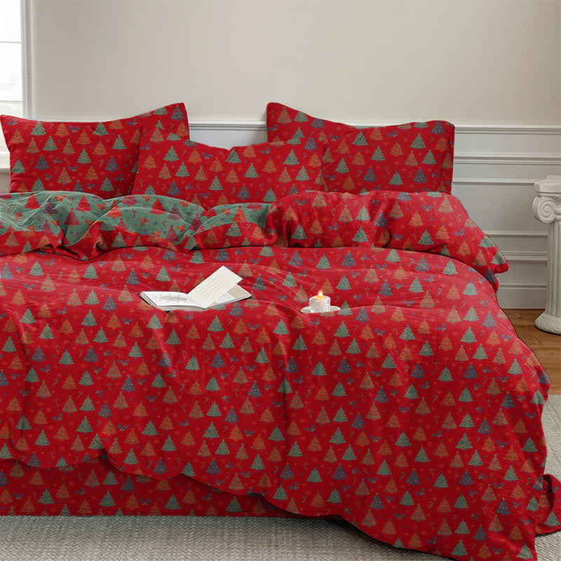 Festliches Weihnachtsbaum-Bettwäscheset aus Baumwolle - Rot - Bettwäscheset (4-teilig) - König - image 0