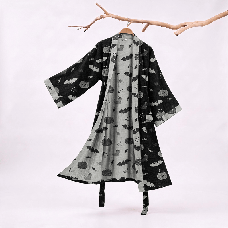 Halloween Kürbis Fledermaus Baumwollkimono-Bademantel - Schwarz - XXL - image 0