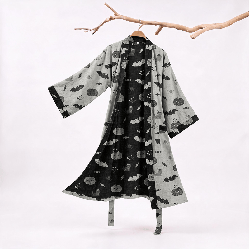 Halloween Kürbis Fledermaus Baumwollkimono-Bademantel - Grau - XXL - image 5