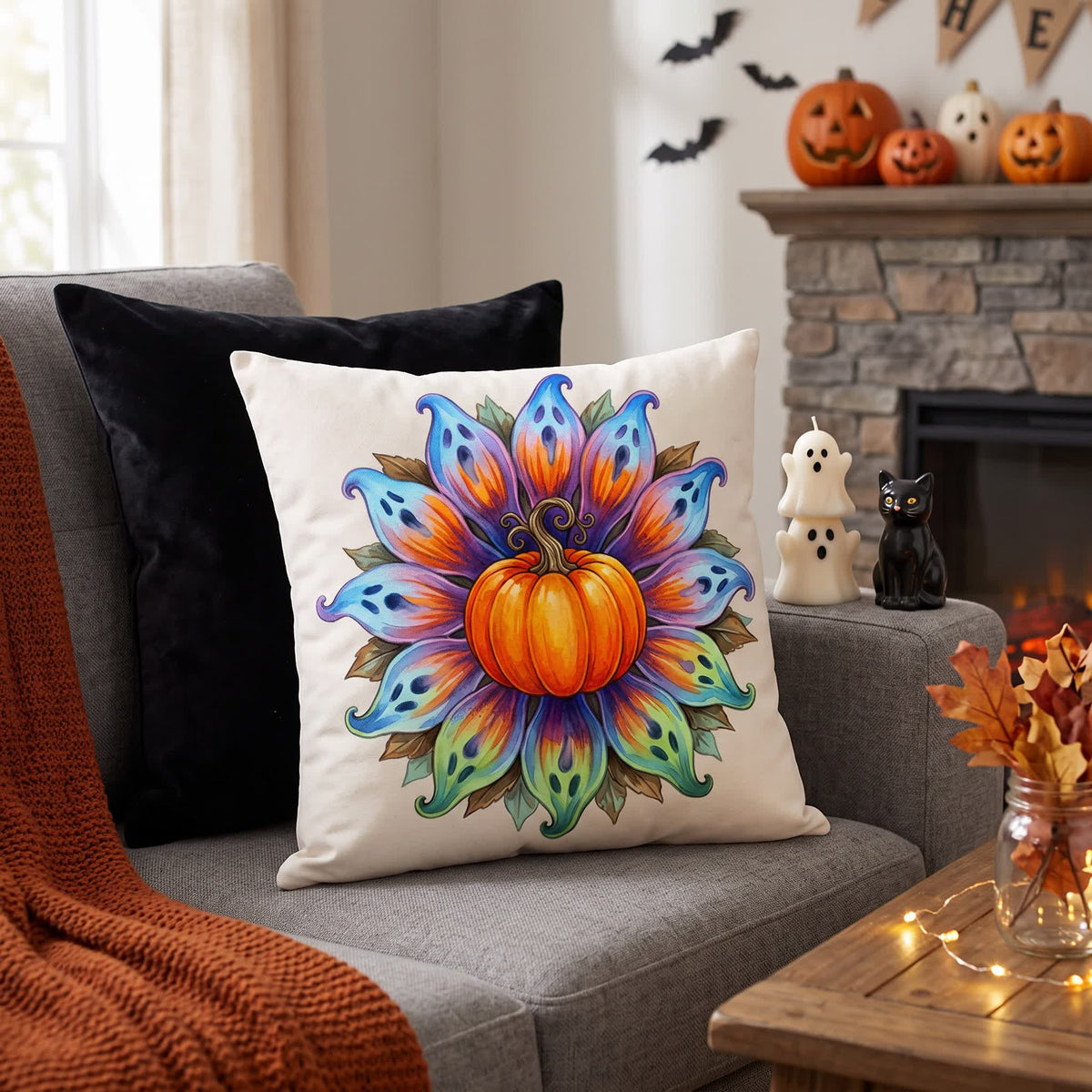 Halloween-Kürbis-Blumen-Kissenbezug - Cover + Einleger - 2 Stück - 45cm x 45cm - image 0