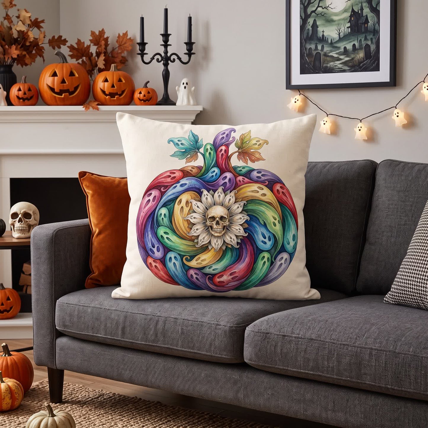 Kissenbezug mit Regenbogen-Geist-Kürbis-Halloween-Motiv - image 1