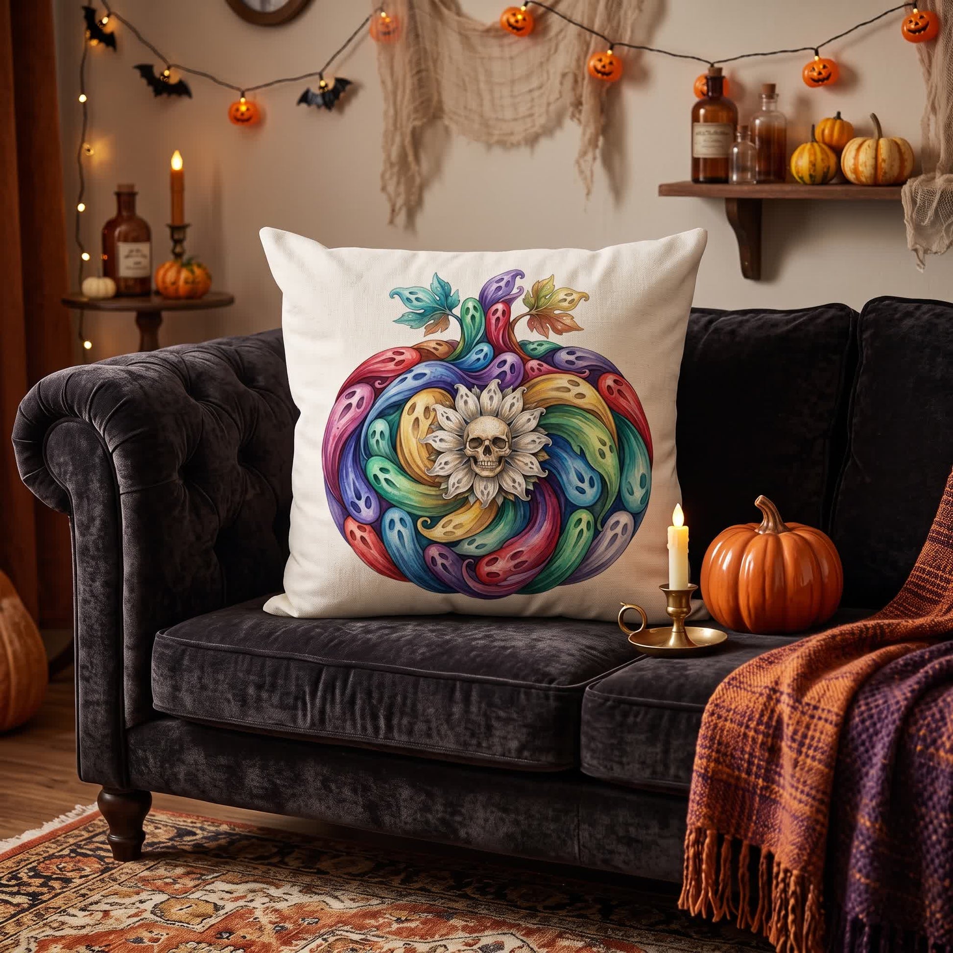 Kissenbezug mit Regenbogen-Geist-Kürbis-Halloween-Motiv - Cover + Einleger - 2 Stück - 45cm x 45cm - image 0