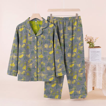 Naturinspiriertes Loungewear-Set aus Baumwolle mit Ginkgoblattmuster - Hellgrau - XL - image 6
