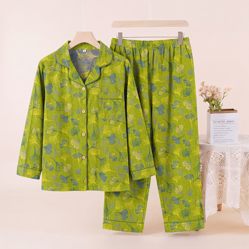 Naturinspiriertes Loungewear-Set aus Baumwolle mit Ginkgoblattmuster - Grün - XL - image 0
