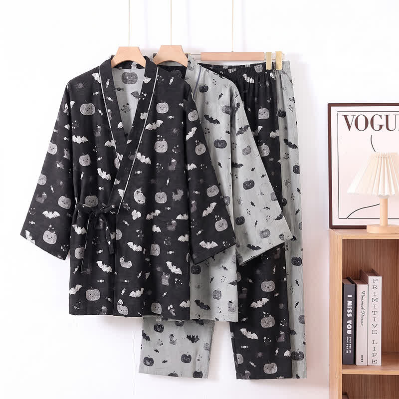 Halloween-Fledermaus-Kürbis-Baumwollkimono-Pyjama-Set - image 0