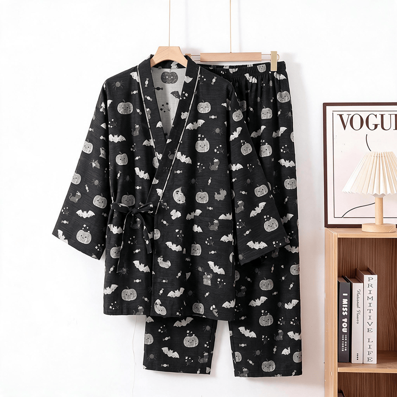 Halloween-Fledermaus-Kürbis-Baumwollkimono-Pyjama-Set - Schwarz - XL - image 1
