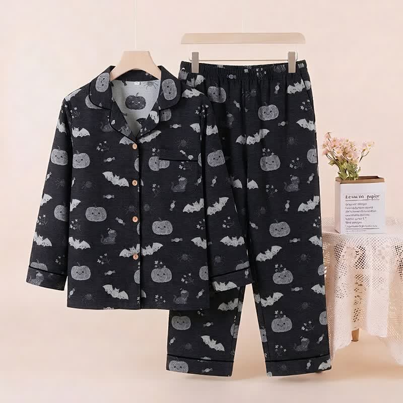 Halloween Kürbis Fledermaus Baumwollgaze Loungewear-Set - Schwarz - XL - image 0