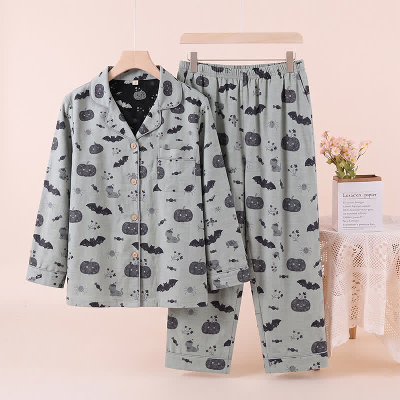 Halloween Kürbis Fledermaus Baumwollgaze Loungewear-Set - Grau - XL - image 5