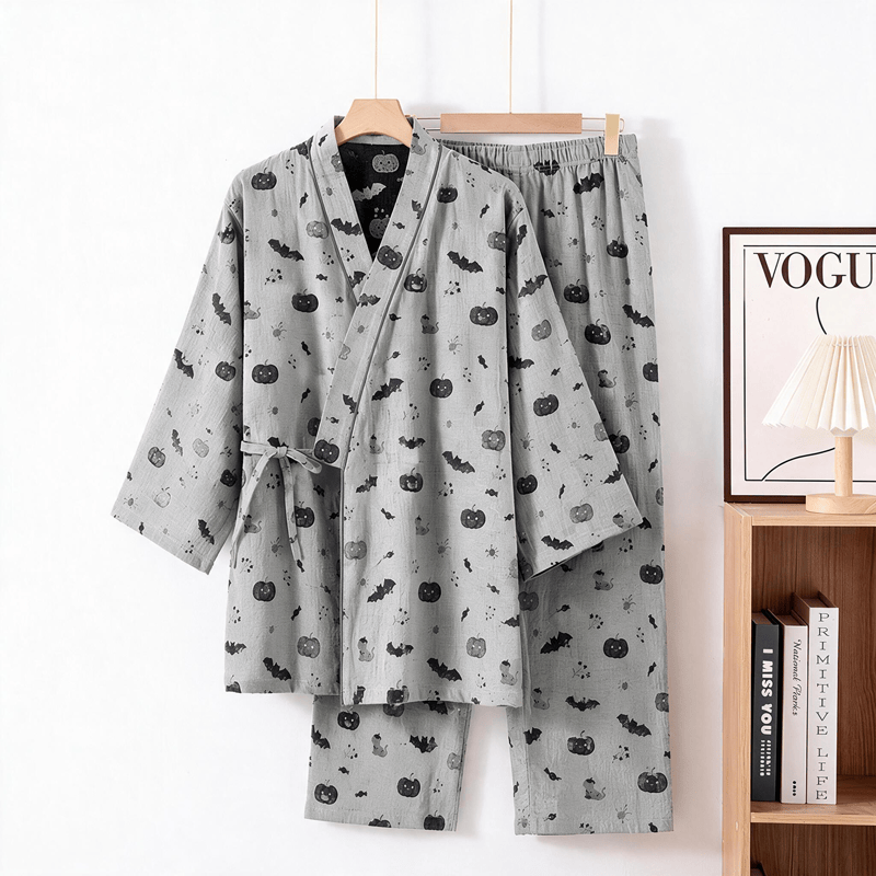 Halloween-Fledermaus-Kürbis-Baumwollkimono-Pyjama-Set - Grau - XL - image 6