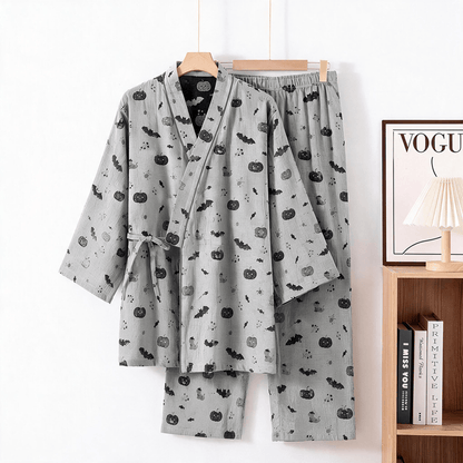 Halloween-Fledermaus-Kürbis-Baumwollkimono-Pyjama-Set - Grau - XL - image 6