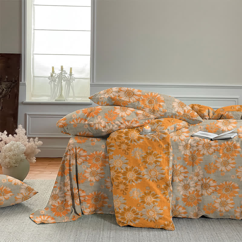 Vintage Sonnenblumen-Orange Baumwoll-Bettwäsche-Set - image 23