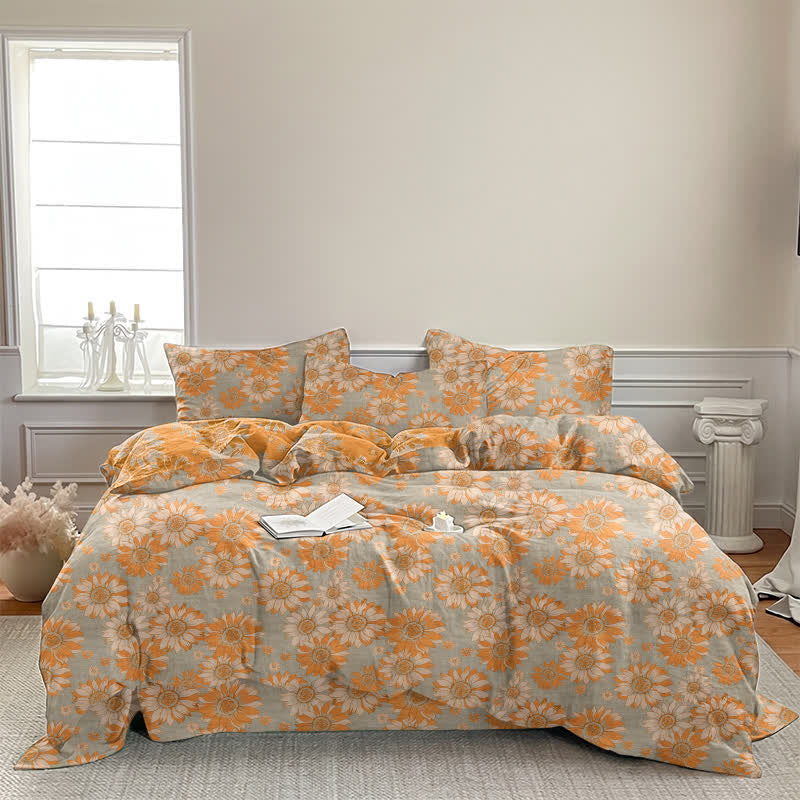 Vintage Sonnenblumen-Orange Baumwoll-Bettwäsche-Set - image 21
