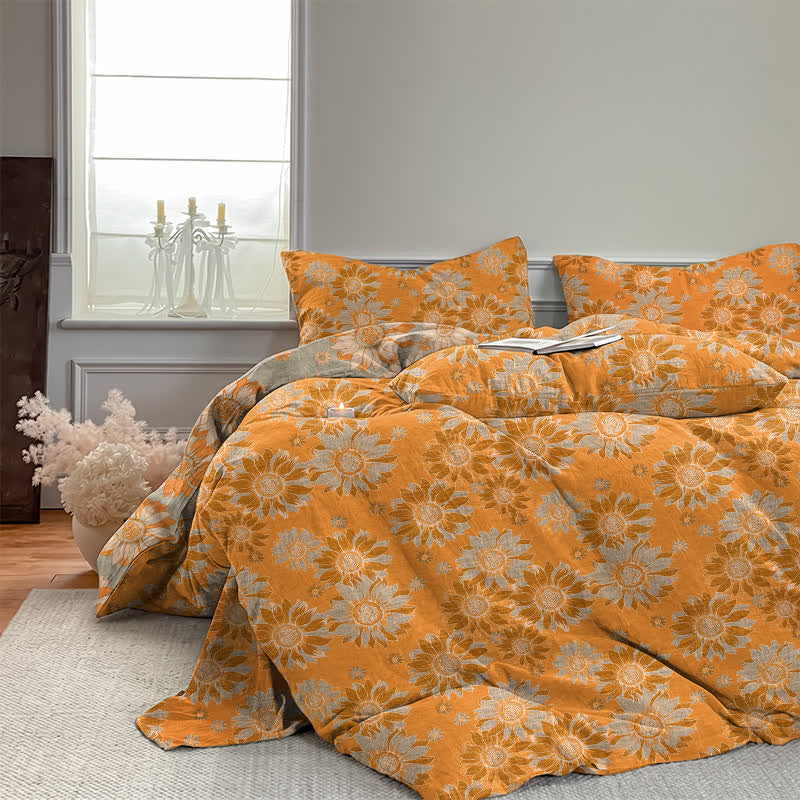 Vintage Sonnenblumen-Orange Baumwoll-Bettwäsche-Set - image 4