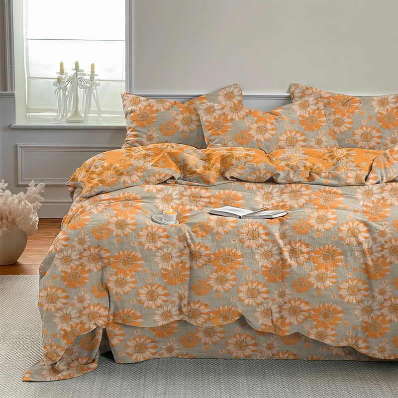 Vintage Sonnenblumen-Orange Baumwoll-Bettwäsche-Set - image 17