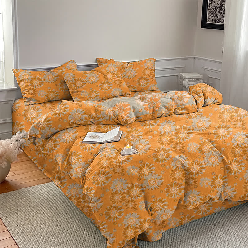 Vintage Sonnenblumen-Orange Baumwoll-Bettwäsche-Set - image 2