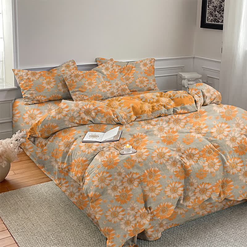Vintage Sonnenblumen-Orange Baumwoll-Bettwäsche-Set - image 18