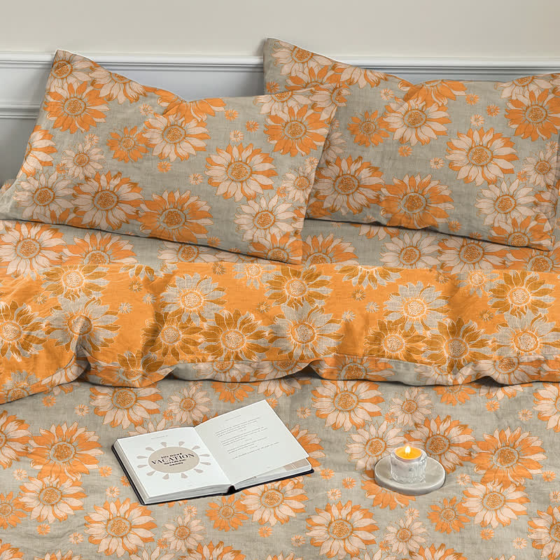 Vintage Sonnenblumen-Orange Baumwoll-Bettwäsche-Set - image 24