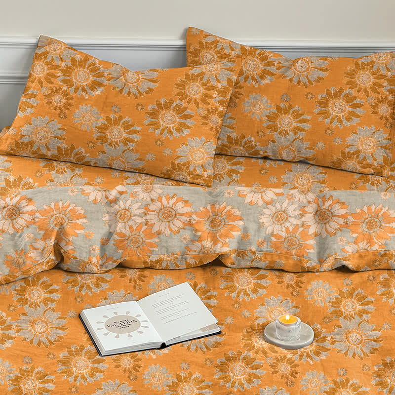 Vintage Sonnenblumen-Orange Baumwoll-Bettwäsche-Set - image 8