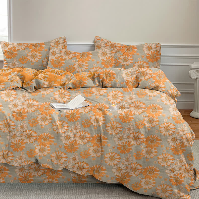 Vintage Sonnenblumen-Orange Baumwoll-Bettwäsche-Set - image 19