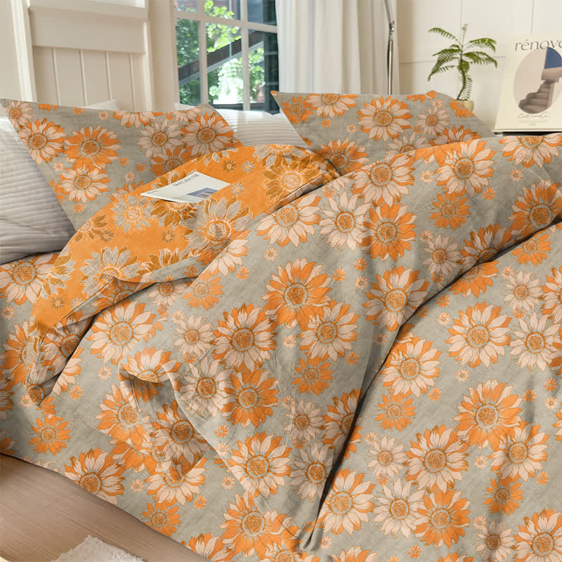 Vintage Sonnenblumen-Orange Baumwoll-Bettwäsche-Set - Hellgrau - König - 4-teiliges Bettwäscheset - image 16