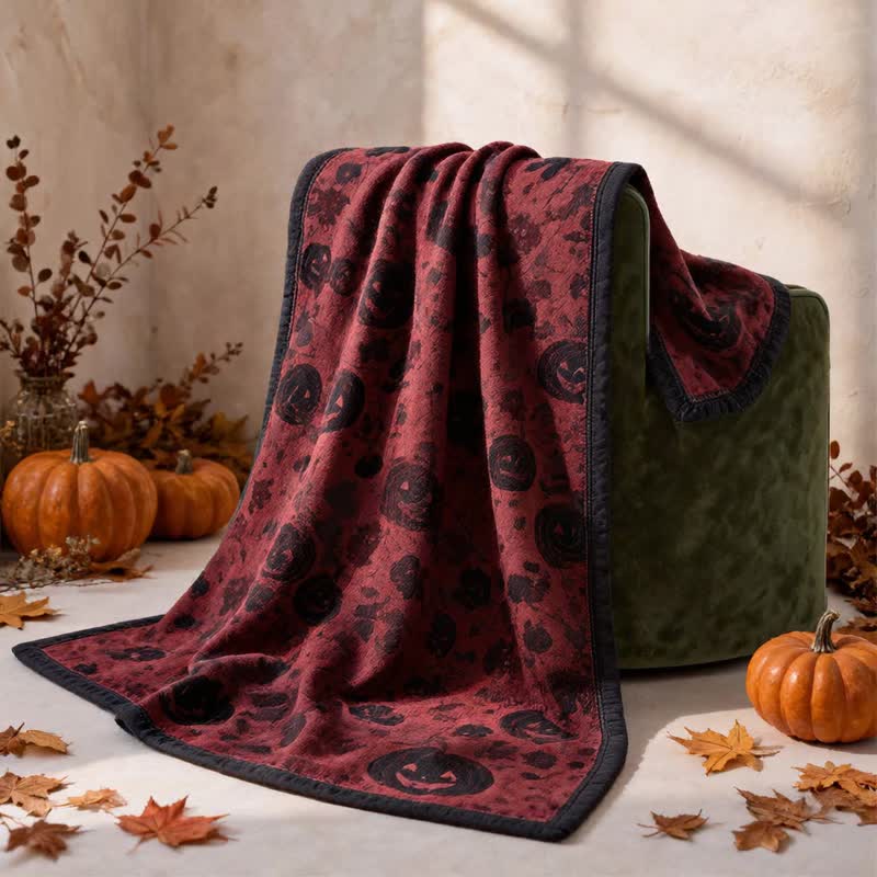 Wende-Baumwolldecke mit burgunderfarbenem Kürbis-Halloween-Motiv - image 2