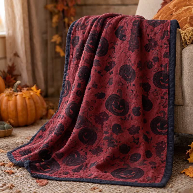 Wende-Baumwolldecke mit burgunderfarbenem Kürbis-Halloween-Motiv - image 1