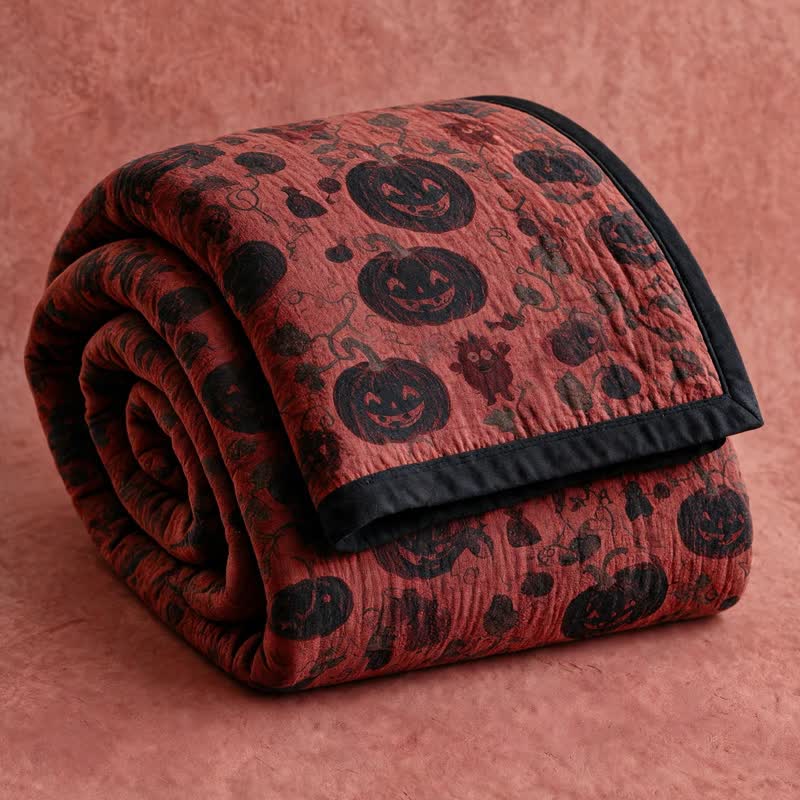 Wende-Baumwolldecke mit burgunderfarbenem Kürbis-Halloween-Motiv - Rot - Decke - 98" x 94" - image 0