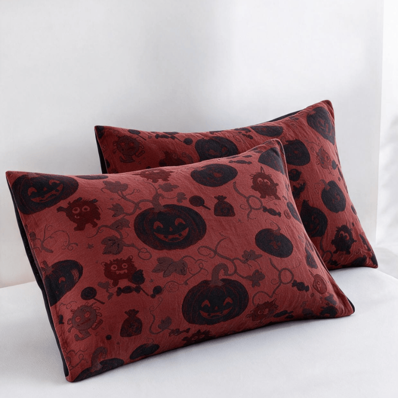 Wende-Baumwolldecke mit burgunderfarbenem Kürbis-Halloween-Motiv - Rot - 2 Kissenbezüge - 51cm x 91cm - image 4