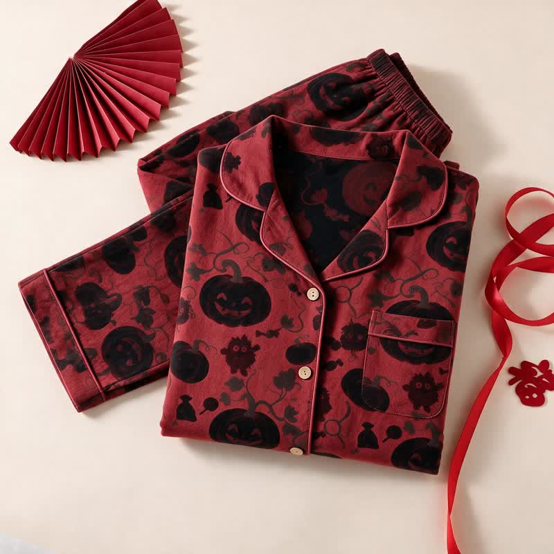 Rotes Kürbismonster-Baumwoll-Loungewear-Set - Rot & Schwarz - XL - image 0