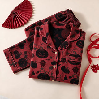 Rotes Kürbismonster-Baumwoll-Loungewear-Set - Rot & Schwarz - XL - image 0