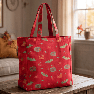 Halloween Kürbis Fledermaus Baumwolltasche Schultertasche - Rot - 14,2 Zoll (B) × 15,4 Zoll (H) × 4,1 Zoll (T) - image 0