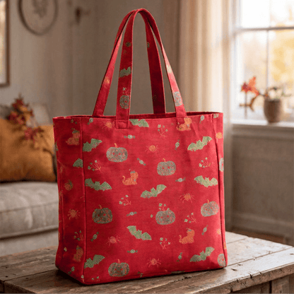 Halloween Kürbis Fledermaus Baumwolltasche Schultertasche - Rot - 14,2 Zoll (B) × 15,4 Zoll (H) × 4,1 Zoll (T) - image 0