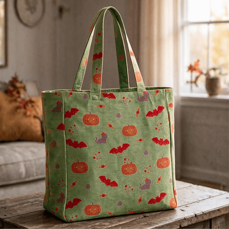 Halloween Kürbis Fledermaus Baumwolltasche Schultertasche - Grün - 14,2 Zoll (B) × 15,4 Zoll (H) × 4,1 Zoll (T) - image 4