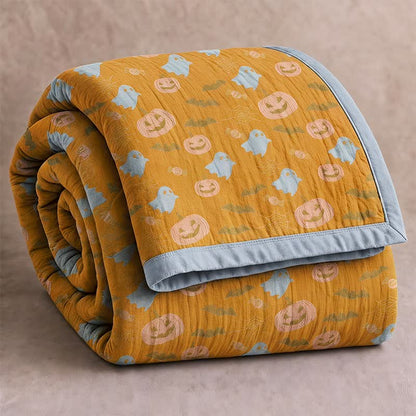 Wendbare Halloween-Kürbis-Geister-Baumwolldecke - Orange & Gelb - Decke - 98" x 94" - image 0