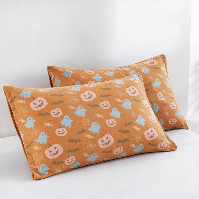 Wendbare Halloween-Kürbis-Geister-Baumwolldecke - Orange & Gelb - 2 Kissenbezüge - 51cm x 91cm - image 5