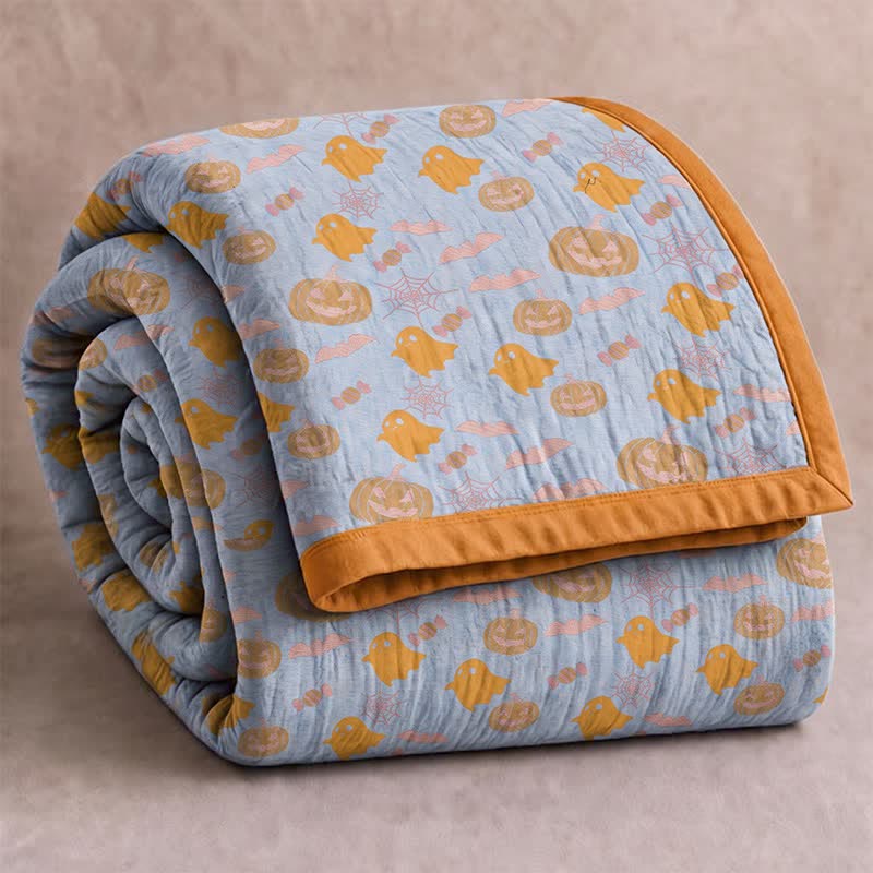Wendbare Halloween-Kürbis-Geister-Baumwolldecke - Blau & Orange - Decke - 98" x 94" - image 6