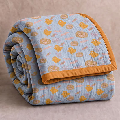 Wendbare Halloween-Kürbis-Geister-Baumwolldecke - Blau & Orange - Decke - 98" x 94" - image 6