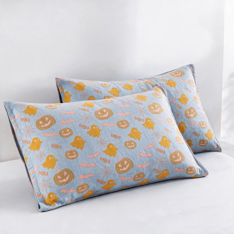 Wendbare Halloween-Kürbis-Geister-Baumwolldecke - Blau & Orange - 2 Kissenbezüge - 51cm x 91cm - image 11