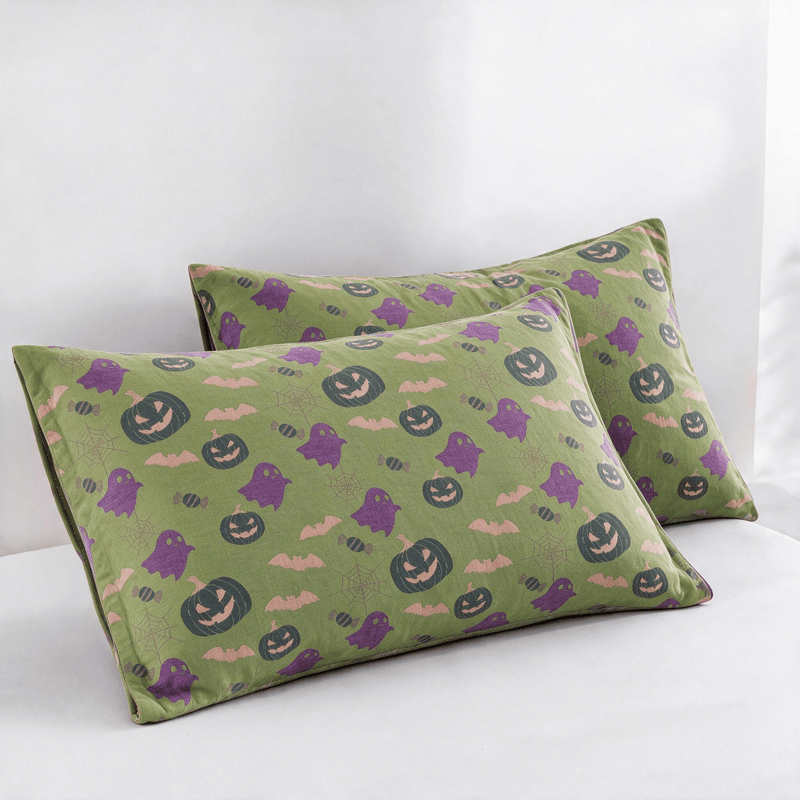 Wendbare Halloween-Kürbis-Geister-Baumwolldecke - Grün & Lila - 2 Kissenbezüge - 51cm x 91cm - image 46