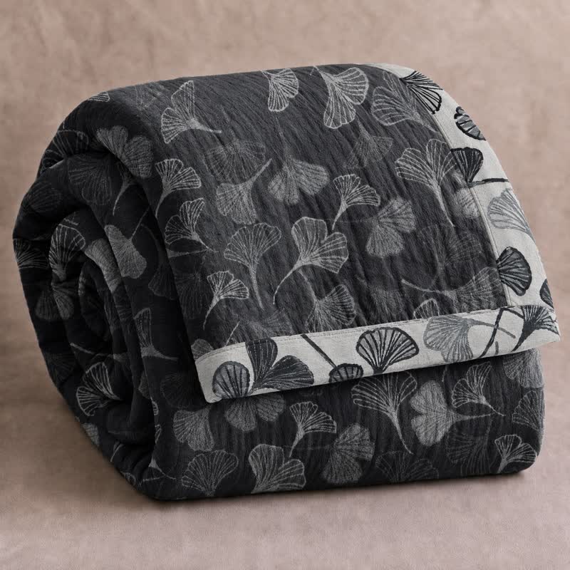 Grau-schwarze Baumwolldecke mit Ginkgoblattmuster - Schwarz - 92" x 104" - image 6