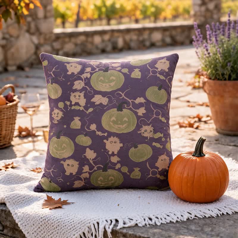 Mehrfarbiges Halloween-Kürbis- und Monster-Baumwollkissen - Lila - 45cm x 45cm - Mit Einlage - image 8