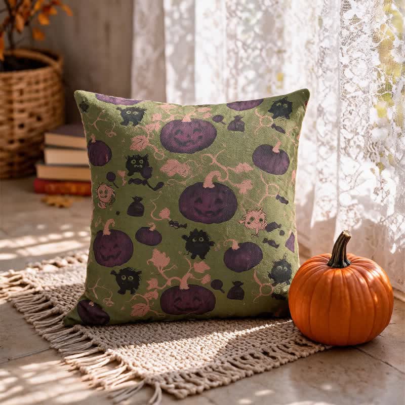 Mehrfarbiges Halloween-Kürbis- und Monster-Baumwollkissen - Grün - 45cm x 45cm - Mit Einlage - image 12