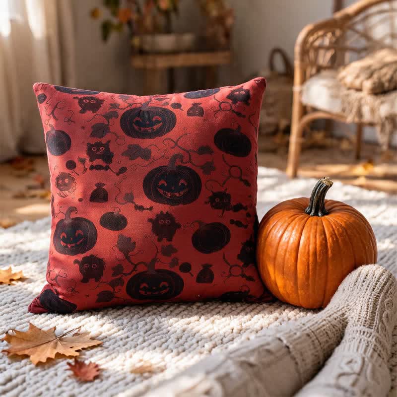 Mehrfarbiges Halloween-Kürbis- und Monster-Baumwollkissen - Rot - 45cm x 45cm - Mit Einlage - image 0