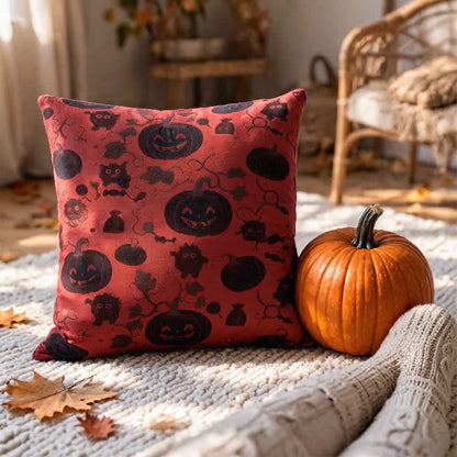 Mehrfarbiges Halloween-Kürbis- und Monster-Baumwollkissen - Rot - 45cm x 45cm - Mit Einlage - image 0