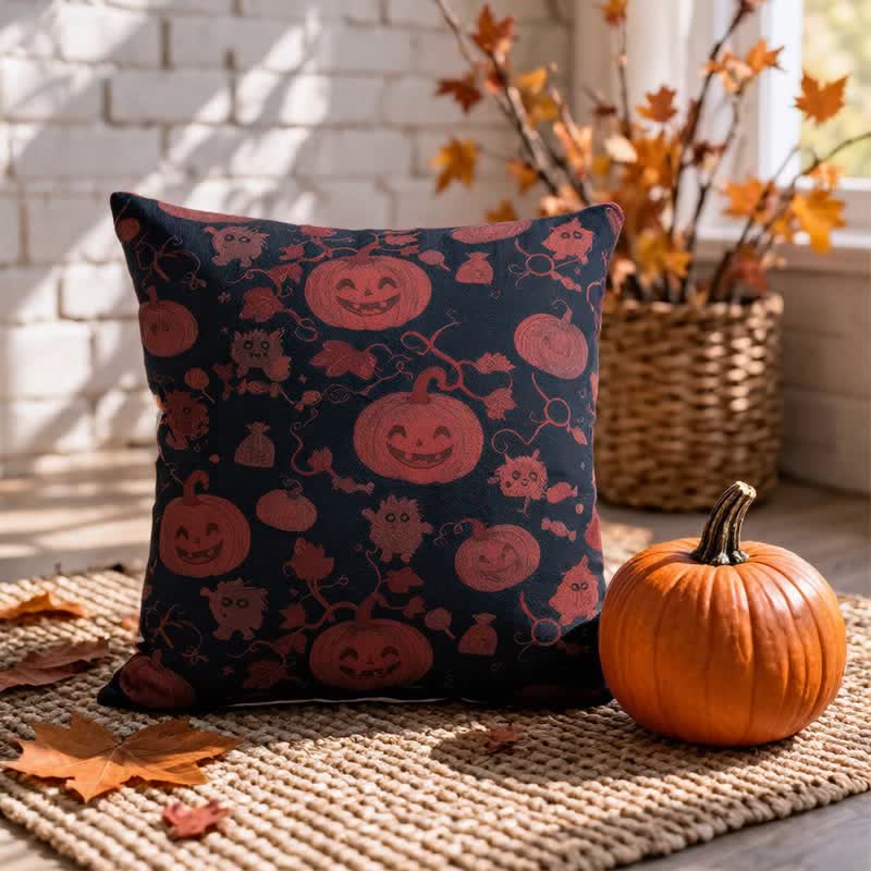 Mehrfarbiges Halloween-Kürbis- und Monster-Baumwollkissen - Schwarz - 45cm x 45cm - Mit Einlage - image 4