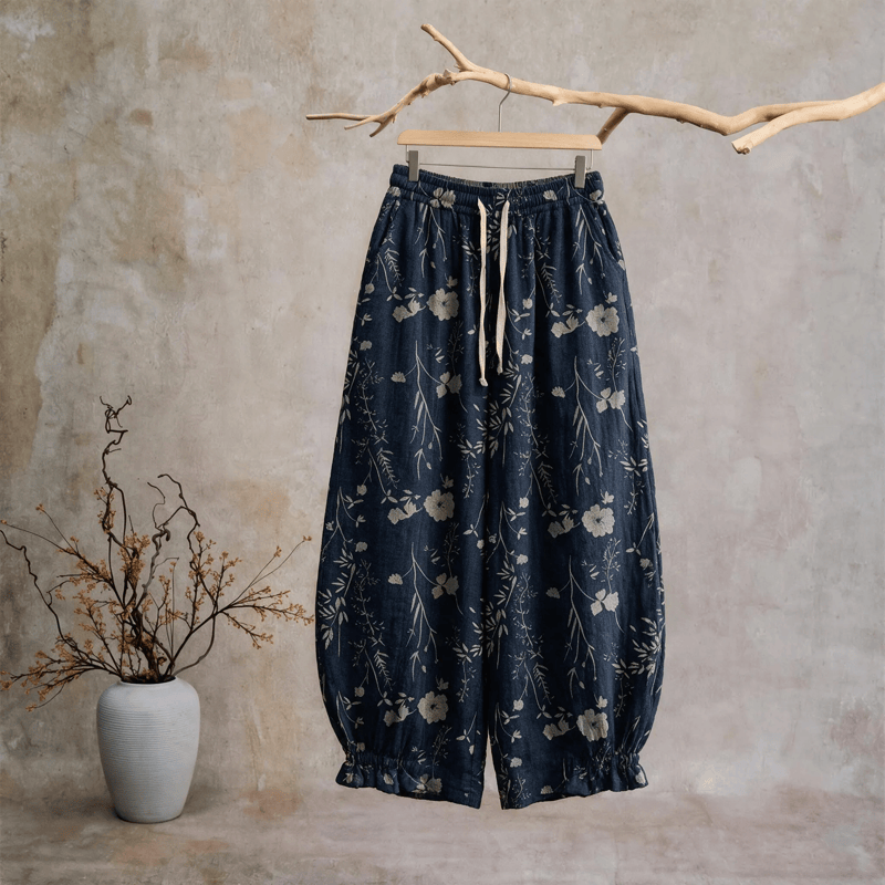 Marineblaue Loungehose aus Baumwollgewebe mit Wildblumenmuster - Marineblau - XL - image 0