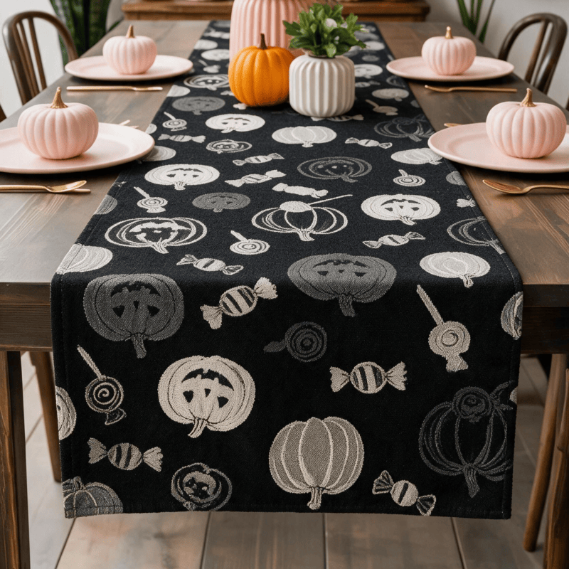 Schwarzer Tischläufer aus Baumwolle mit Halloween-Kürbis- und Süßigkeitenmotiven - image 1